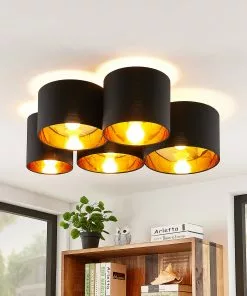 Lindby Laurenz -kattovalaisin 5-lamp., Musta-kulta